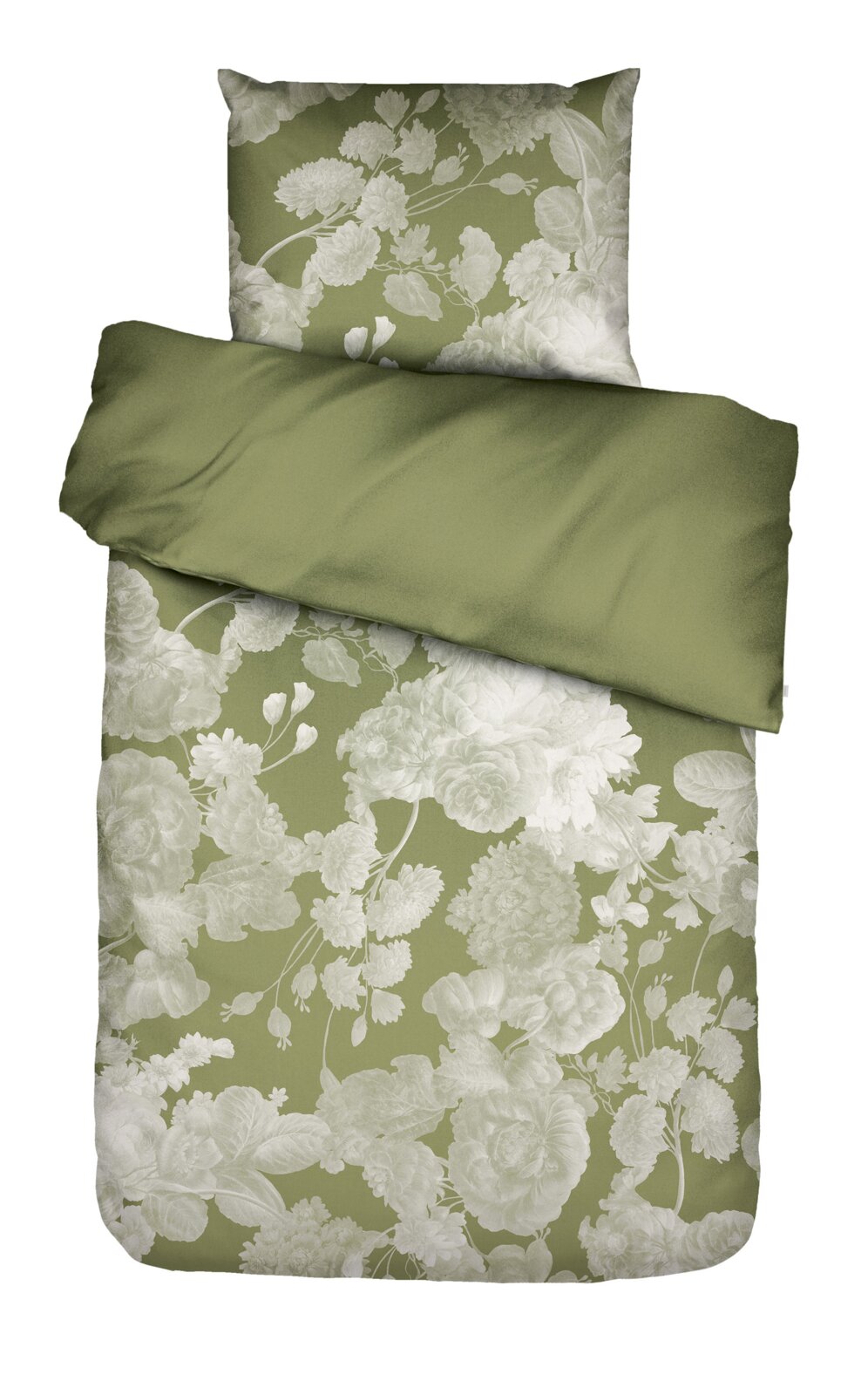 Grüne Bettwäsche mit weißem Blumenmuster und unifarbener Wendeseite, Draufsicht von oben (Flatlay)