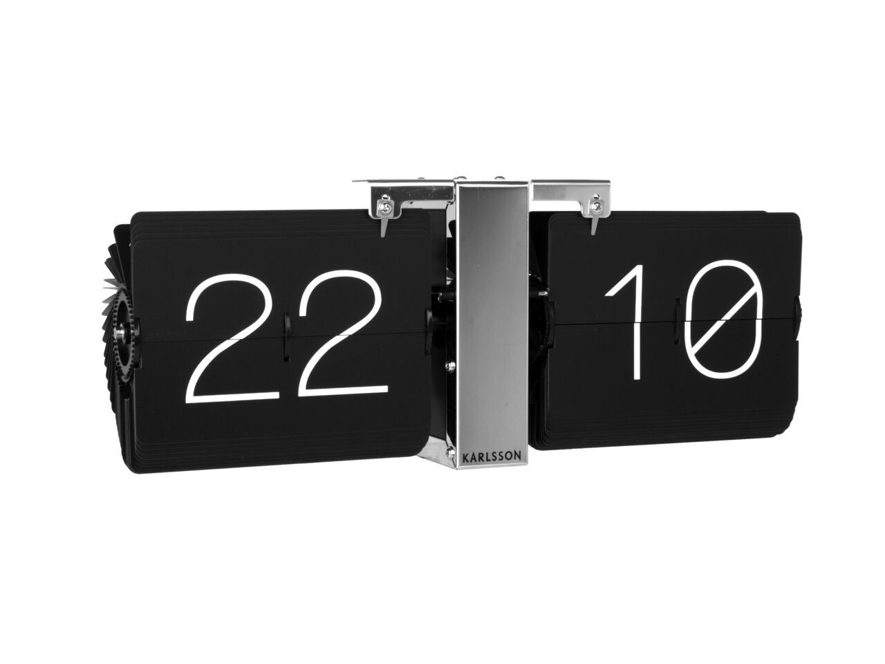 KARLSSON Wanduhr FLIP CLOCK Karlsson Flip Clock zonder behuizing, zwarte klapcijfers op een verchroomd frame, zijaanzicht.