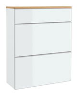 Moderner Hängeschuhschrank mit drei Klappen in Weiß und Holzoptik von schräg vorne.