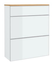 Moderner Hängeschuhschrank mit drei Klappen in Weiß und Holzoptik von schräg vorne.