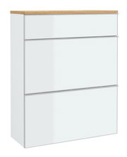 Moderner Hängeschuhschrank mit drei Klappen in Weiß und Holzoptik von schräg vorne.