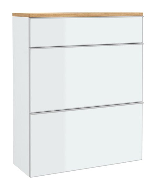 Moderner Hängeschuhschrank mit drei Klappen in Weiß und Holzoptik von schräg vorne.