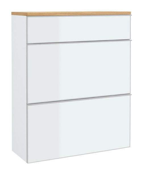 Moderner Hängeschuhschrank mit drei Klappen in Weiß und Holzoptik von schräg vorne.