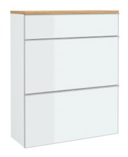 Moderner Hängeschuhschrank mit drei Klappen in Weiß und Holzoptik von schräg vorne.