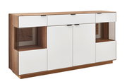 Modernes Sideboard aus Holz mit weißen Fronten und Glasdetails, seitliche Perspektive