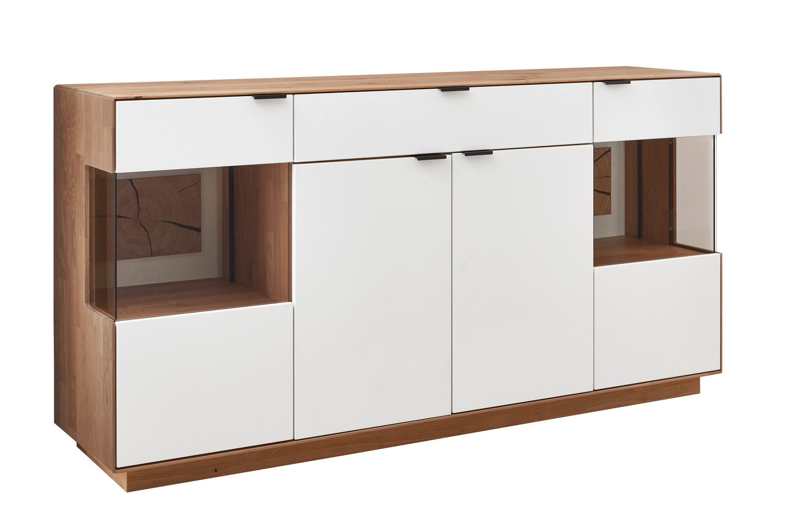 Modernes Sideboard aus Holz mit weißen Fronten und Glasdetails, seitliche Perspektive