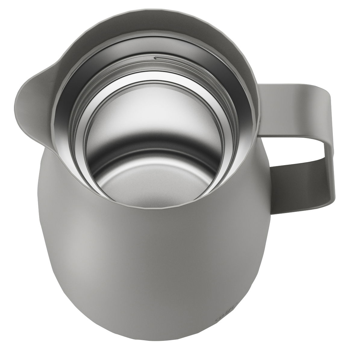 Isolierkanne Studio aus der Vogelperspektive mit offenem Deckel, zeigt das glänzende Innere und den ergonomischen Griff.