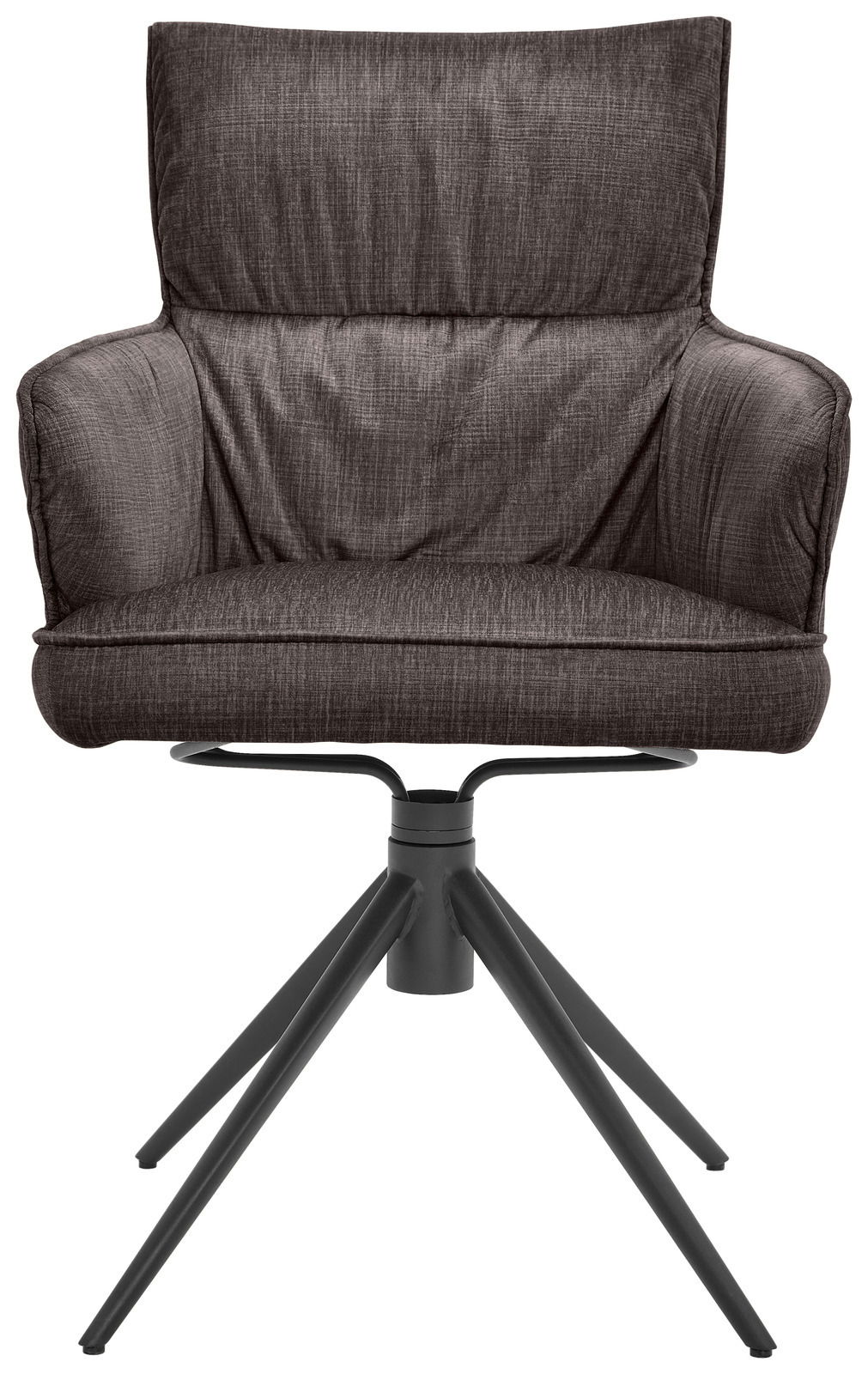 Frontansicht eines modernen Armlehnstuhls mit gepolstertem Sitz und Rückenlehne in dunklem Stoff, auf einem stabilen Metallgestell mit vier Beinen.