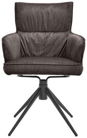 Frontansicht eines modernen Armlehnstuhls mit gepolstertem Sitz und Rückenlehne in dunklem Stoff, auf einem stabilen Metallgestell mit vier Beinen.