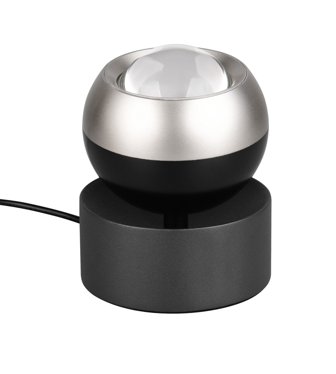 Moderne Tischleuchte mit kugelförmigem Design, silbernem und schwarzem Finish, seitliche Perspektive