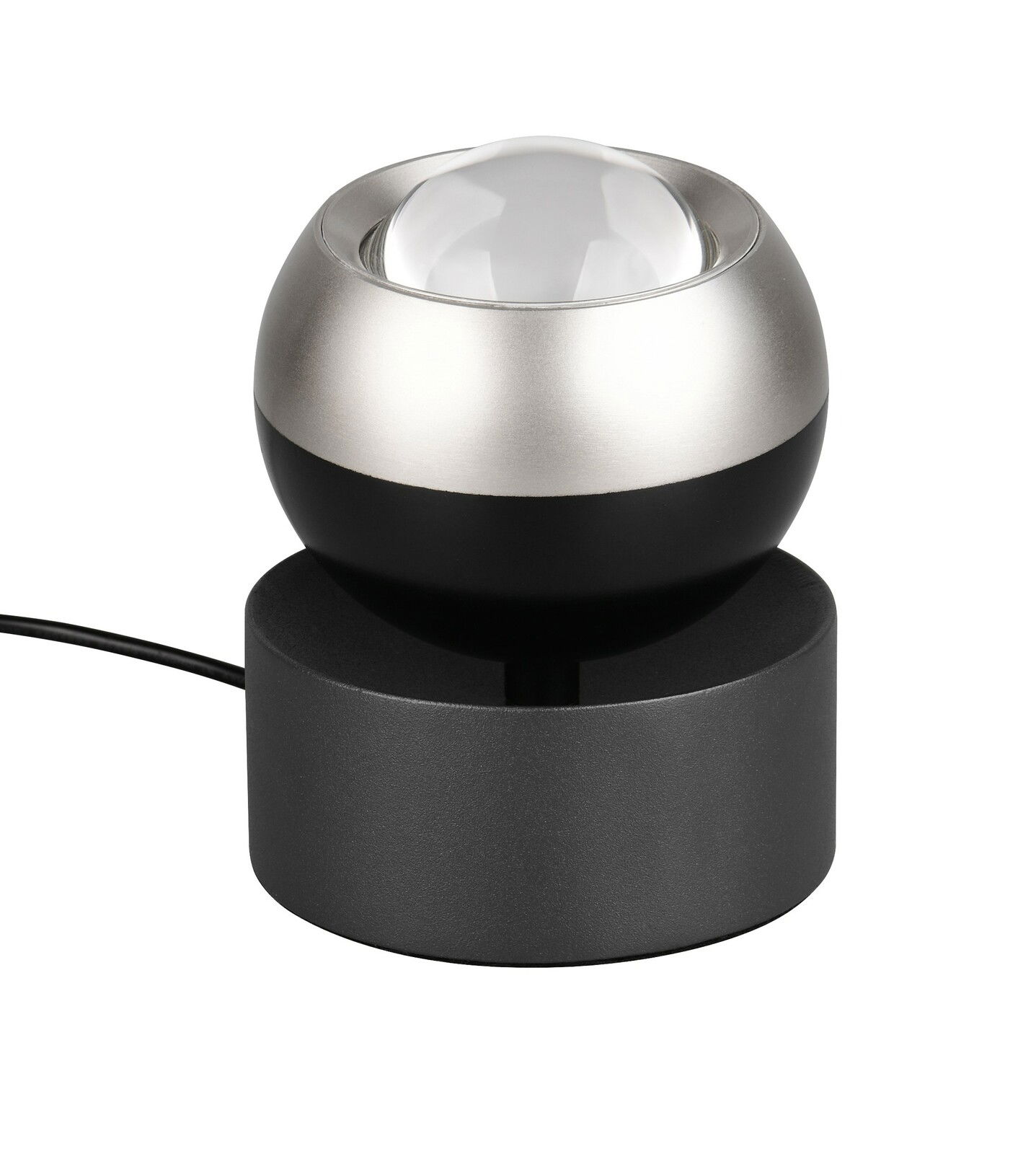 Moderne Tischleuchte mit kugelförmigem Design, silbernem und schwarzem Finish, seitliche Perspektive