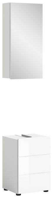 Badezimmerschrank-Kombination bestehend aus einem hohen, weißen Spiegelschrank und einem weißen Unterschrank mit drei Schubladen, seitliche Perspektive