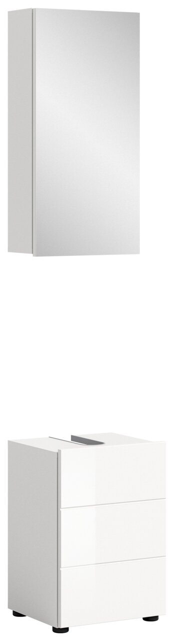 MID.YOU Badkombination VIRA Badezimmerschrank-Kombination bestehend aus einem hohen, weißen Spiegelschrank und einem weißen Unterschrank mit drei Schubladen, seitliche Perspektive