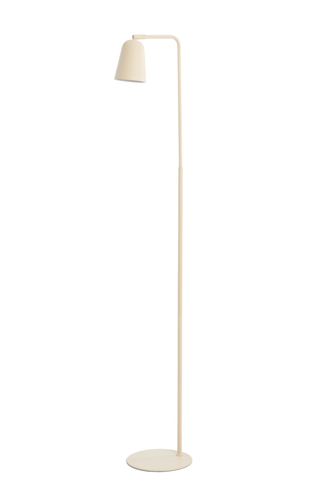 Crèmekleurige minimalistische vloerlamp met slanke gebogen arm, kegelvormige kap en ronde voet, weergegeven in vooraanzicht.