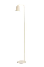 Crèmekleurige minimalistische vloerlamp met slanke gebogen arm, kegelvormige kap en ronde voet, weergegeven in vooraanzicht.
