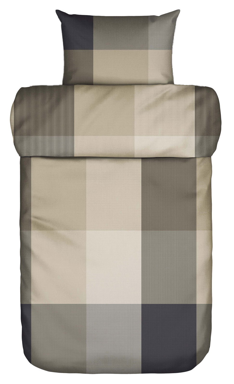 Bettwäsche-Set 155x220cm mit großem Karomuster in Beige- und Grautönen, Ansicht von oben