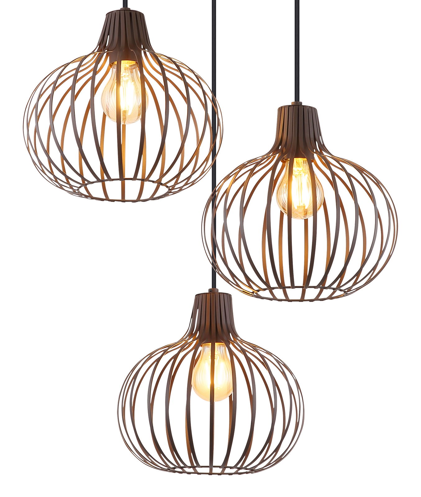 Drei moderne Hängeleuchten mit offenen, kugelförmigen Metallkäfigen, die von oben betrachtet werden.