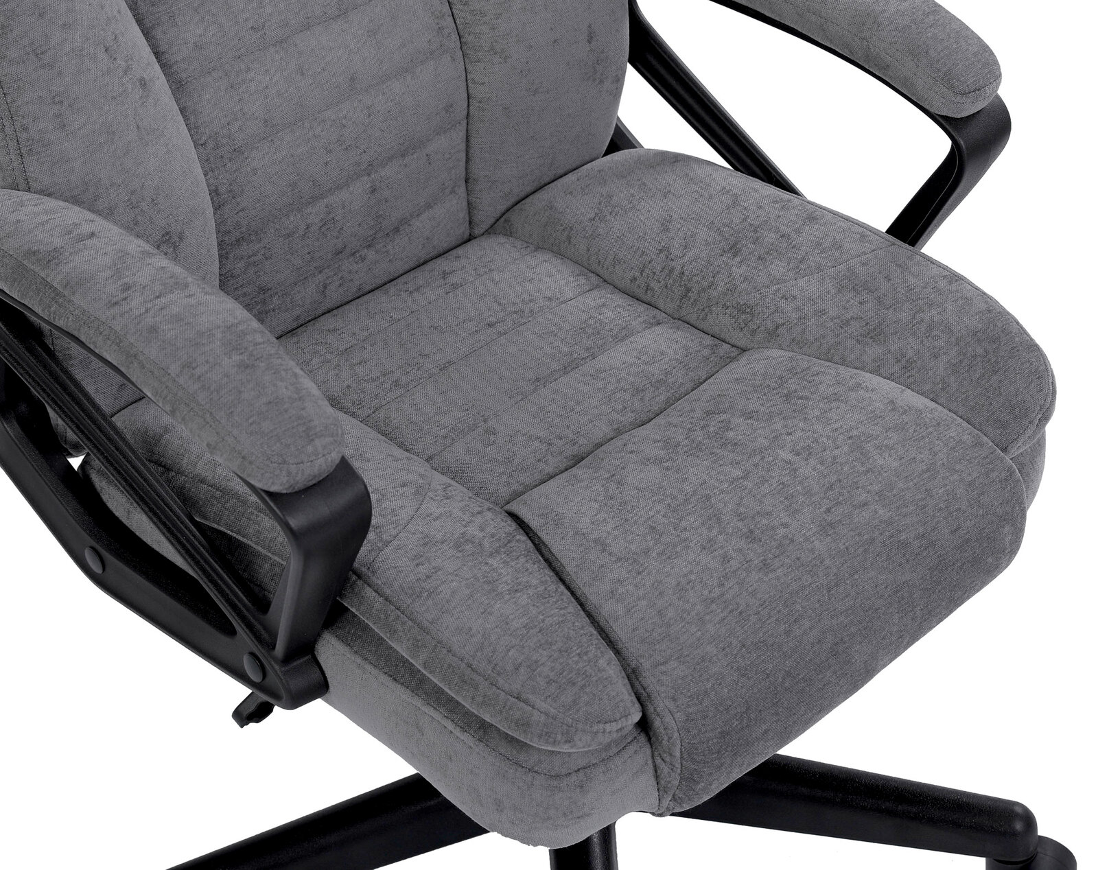 Grauer Homeoffice-Drehstuhl mit gepolsterten Armlehnen, seitliche Perspektive