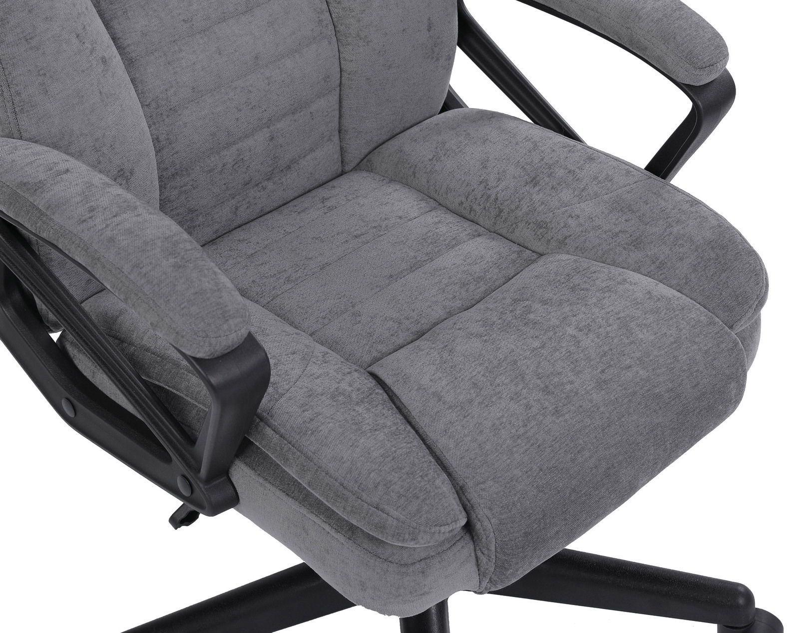 Grauer Homeoffice-Drehstuhl mit gepolsterten Armlehnen, seitliche Perspektive