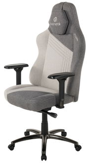 Grauer Gaming-Stuhl mit ergonomischem Design, verstellbaren Armlehnen und stabiler Basis, seitliche Perspektive