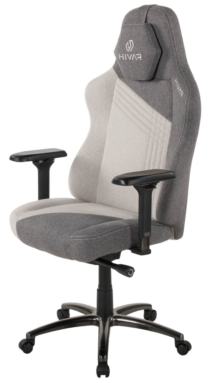 Grauer Gaming-Stuhl mit ergonomischem Design, verstellbaren Armlehnen und stabiler Basis, seitliche Perspektive