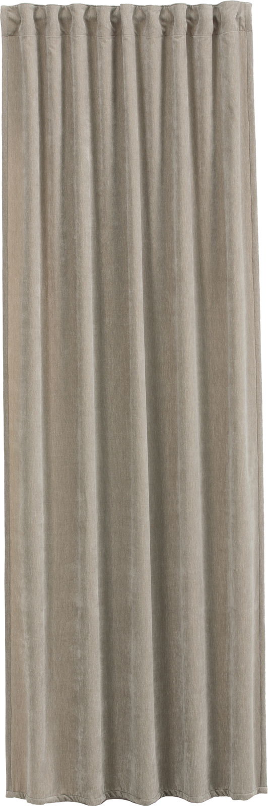 Grauer Vorhang mit verdeckten Schlaufen, frontal betrachtet.