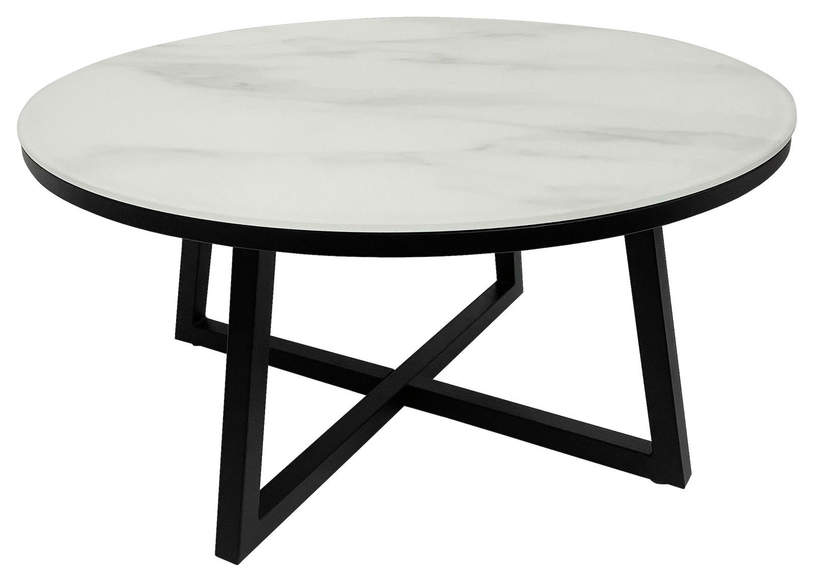 XORA Couchtisch TERNI 1 Runder Couchtisch mit weißer Marmoroptik-Tischplatte und schwarzem Metallgestell, seitliche Perspektive