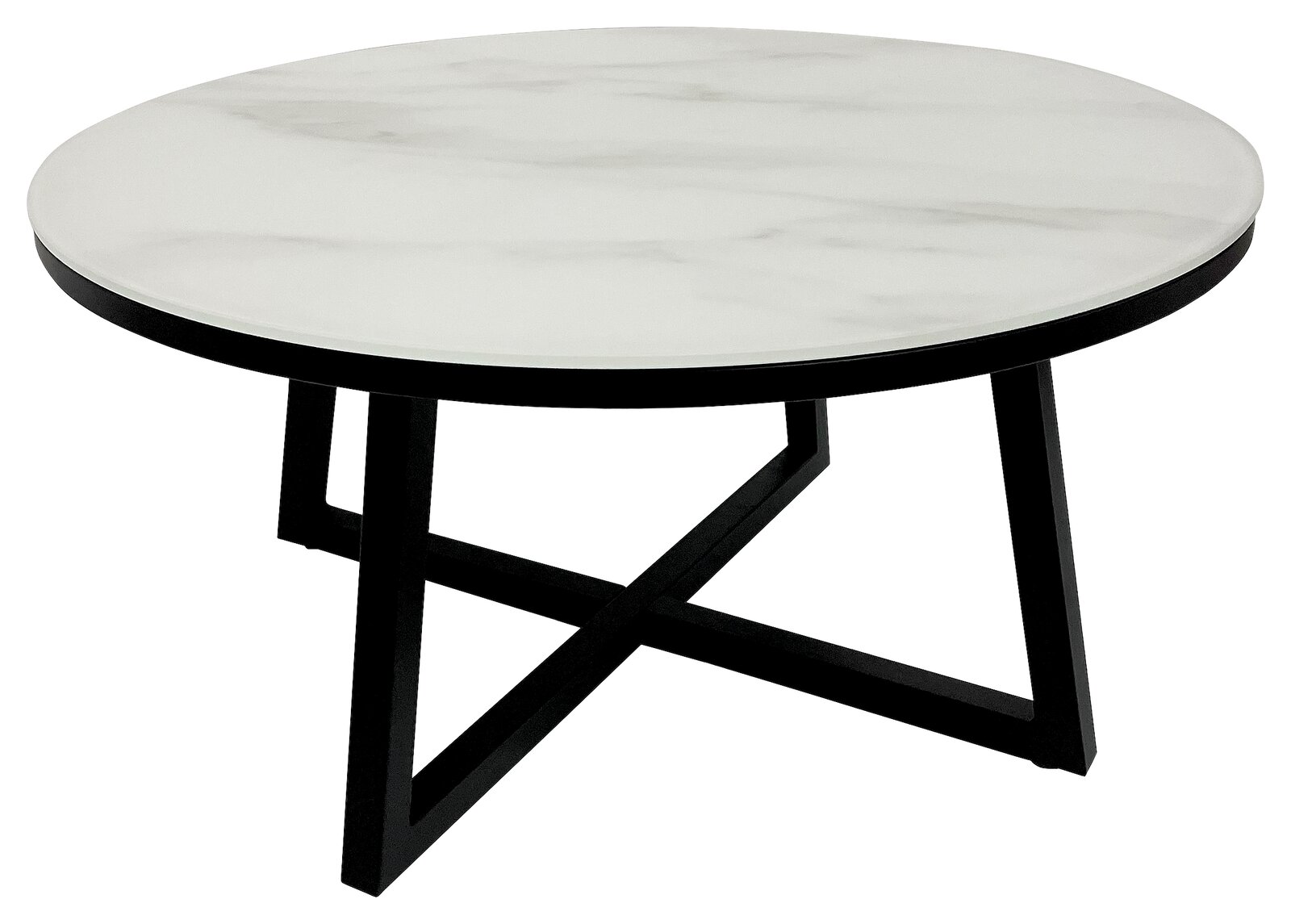 Runder Couchtisch mit weißer Marmoroptik-Tischplatte und schwarzem Metallgestell, seitliche Perspektive