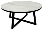 Runder Couchtisch mit weißer Marmoroptik-Tischplatte und schwarzem Metallgestell, seitliche Perspektive