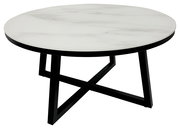 Runder Couchtisch mit weißer Marmoroptik-Tischplatte und schwarzem Metallgestell, seitliche Perspektive