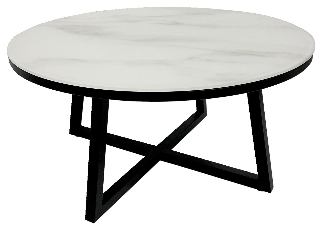 XORA Couchtisch TERNI 1 Runder Couchtisch mit weißer Marmoroptik-Tischplatte und schwarzem Metallgestell, seitliche Perspektive