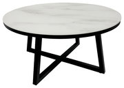 Runder Couchtisch mit weißer Marmoroptik-Tischplatte und schwarzem Metallgestell, seitliche Perspektive