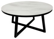 Ronde salontafel met een tafelblad in witte marmerlook en een zwart metalen onderstel, zijaanzicht