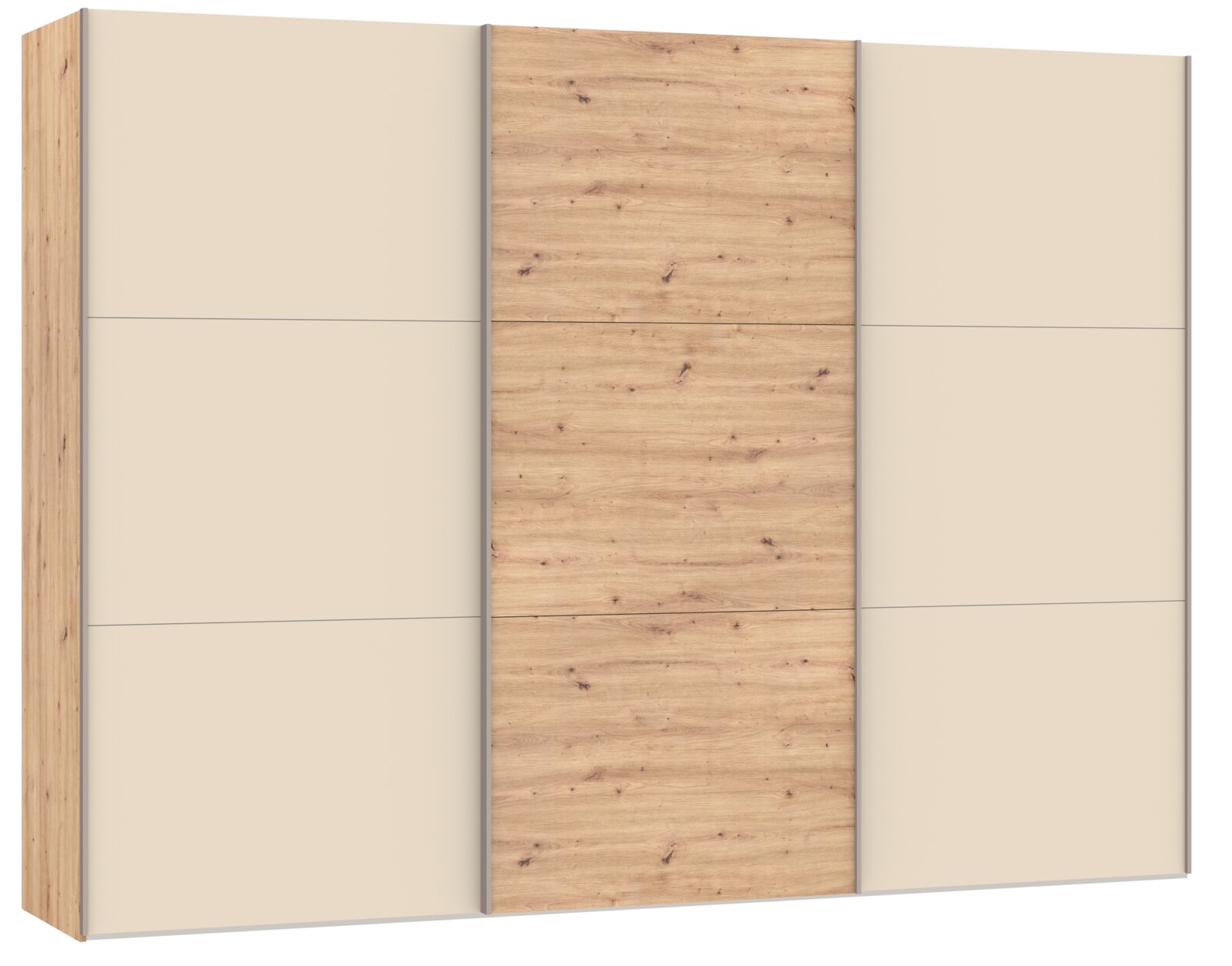 Moderne schuifdeurkast in beige met middenpaneel in lichte eikenhoutlook, gezien in licht schuin vooraanzicht