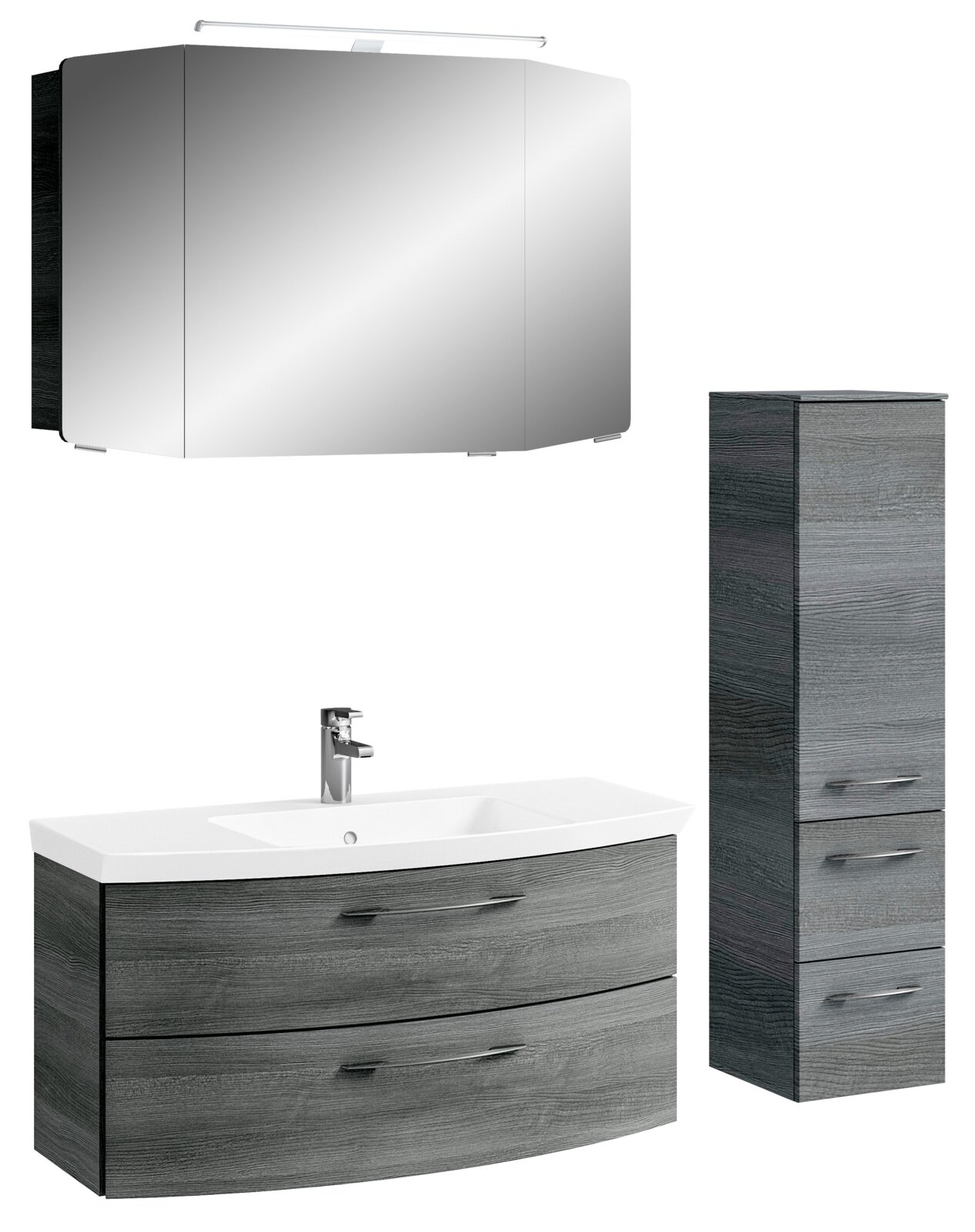 Badezimmermöbel-Set bestehend aus einem großen Spiegelschrank mit Beleuchtung, einem Waschtisch mit zwei Schubladen und einem hohen, schmalen Schrank, in grauer Holzoptik. Frontalansicht.