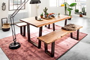 Moderner Esstisch aus Holz mit Metallbeinen, begleitet von zwei passenden Bänken, auf einem roten Teppich in einem hellen Raum mit Pflanzen und Dekorationen. Perspektive: seitlich.