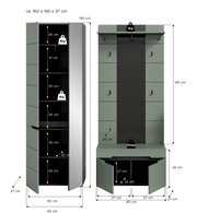 Garderobenmöbel-Set in Salbeigrün mit schwarzer Rückwand: links hoher Schrank mit geöffneten Türen und sichtbaren Fächern, rechts Garderobenpaneel mit Hutablage, Hakenleiste und Sitzbank mit Stauraum; Maße ca. 160 x 190 x 37 cm, dargestellt in Frontansich