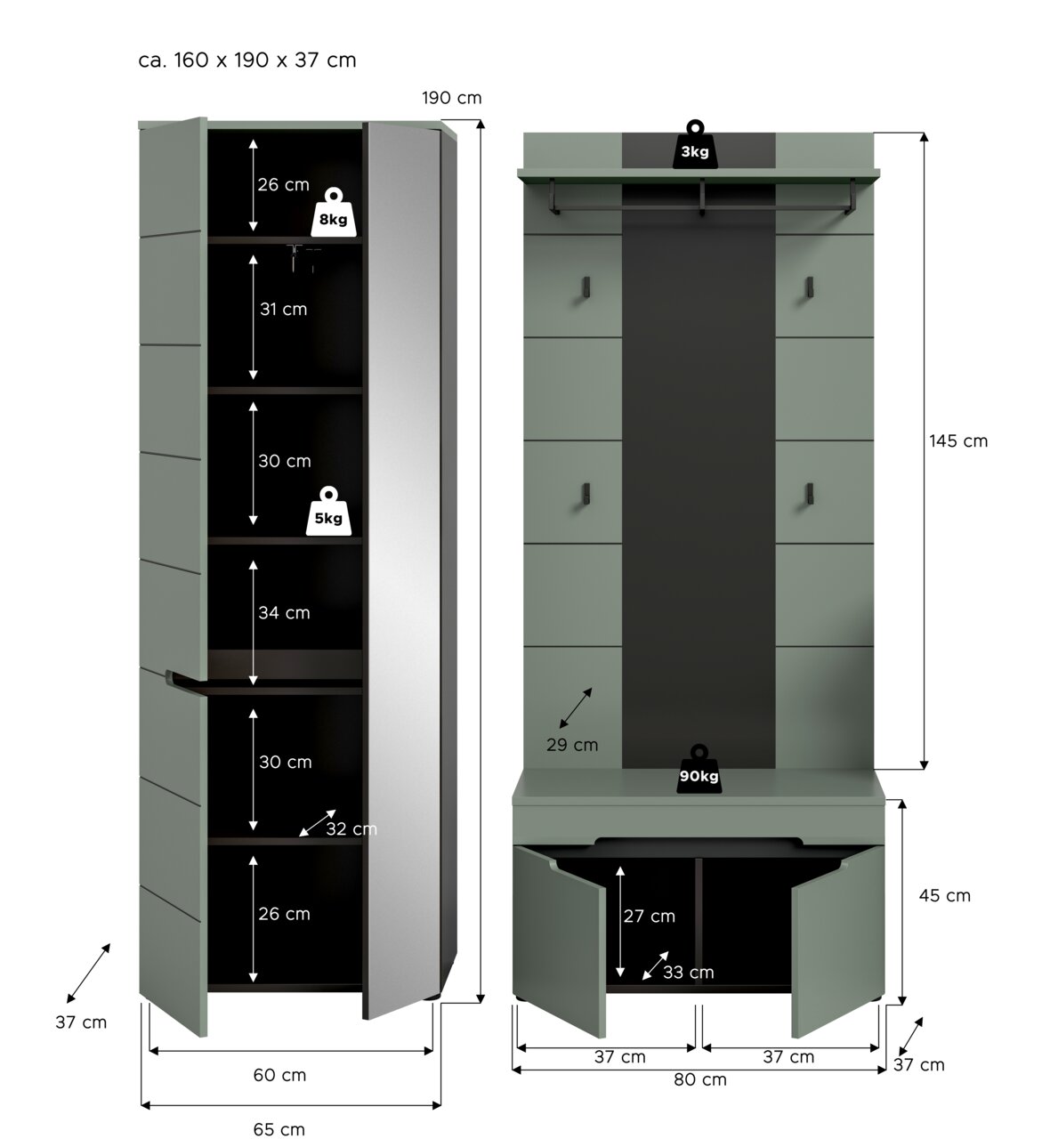 Garderobenmöbel-Set in Salbeigrün mit schwarzer Rückwand: links hoher Schrank mit geöffneten Türen und sichtbaren Fächern, rechts Garderobenpaneel mit Hutablage, Hakenleiste und Sitzbank mit Stauraum; Maße ca. 160 x 190 x 37 cm, dargestellt in Frontansich