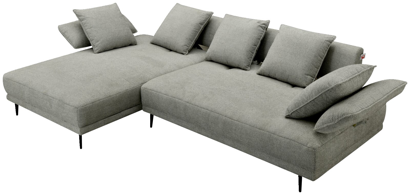 Graues Ecksofa mit fünf Kissen, Perspektive von oben links