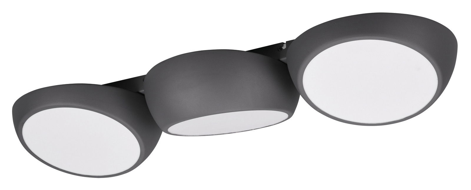 Moderne LED-Deckenleuchte Bubbles mit drei runden Leuchtelementen in dunklem Gehäuse, seitliche Perspektive