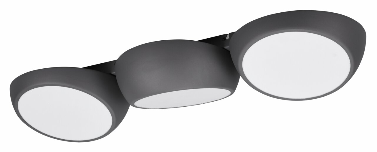 Moderne LED-Deckenleuchte Bubbles mit drei runden Leuchtelementen in dunklem Gehäuse, seitliche Perspektive