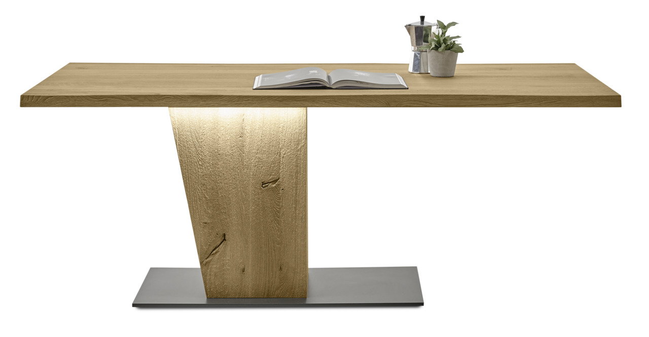 Moderner Esstisch aus Holz mit zentralem Standfuß, seitliche Perspektive