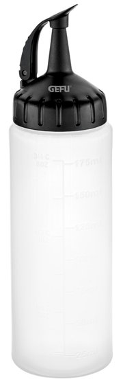 Dosierflasche 175 ml mit schwarzem Deckel und Skala, seitliche Ansicht