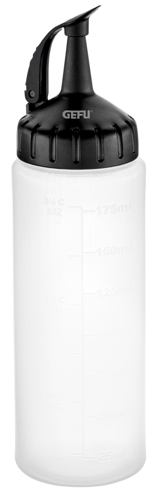 Dosierflasche 175 ml mit schwarzem Deckel und Skala, seitliche Ansicht