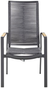 Frontansicht eines modernen Relaxsessels mit grauem Gestell und Armlehnen aus Holz.