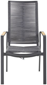 Frontansicht eines modernen Relaxsessels mit grauem Gestell und Armlehnen aus Holz.