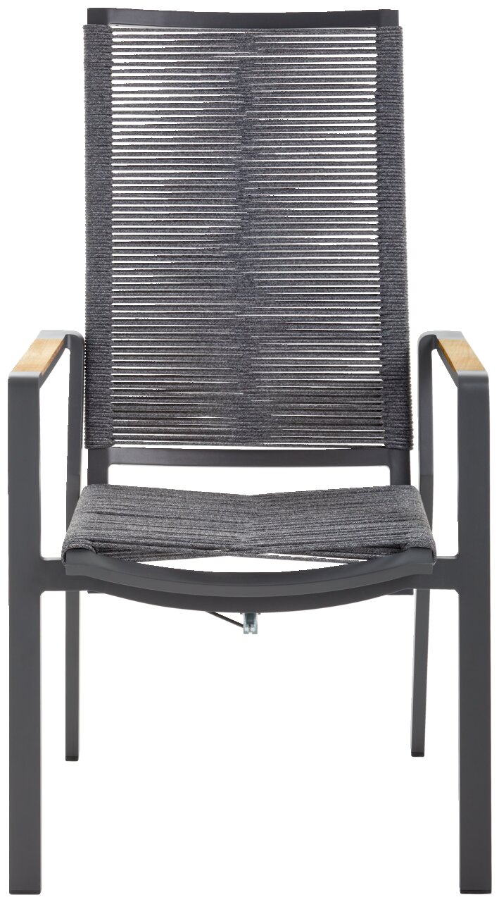 Frontansicht eines modernen Relaxsessels mit grauem Gestell und Armlehnen aus Holz.