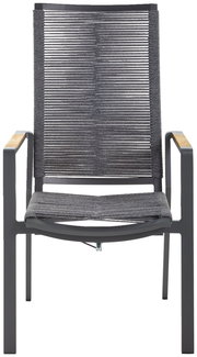 Frontansicht eines modernen Relaxsessels mit grauem Gestell und Armlehnen aus Holz.