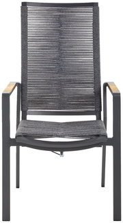 Frontansicht eines modernen Relaxsessels mit grauem Gestell und Armlehnen aus Holz.