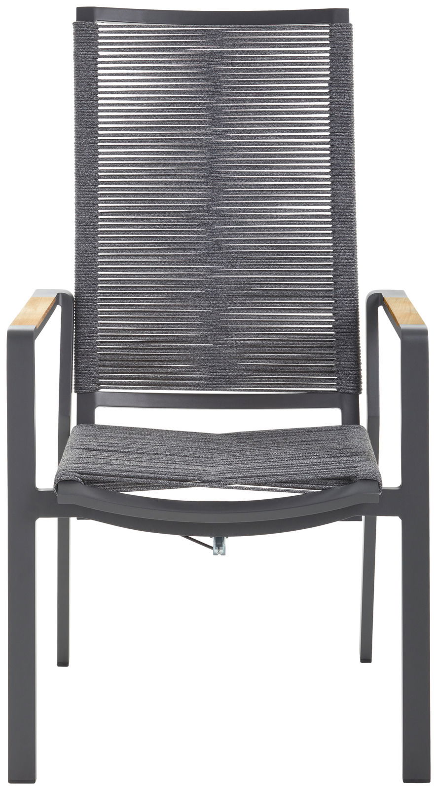 Frontansicht eines modernen Relaxsessels mit grauem Gestell und Armlehnen aus Holz.